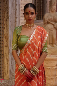 Kesari Saaz – Terracotta Leriya Saree with Olive Green Blouse