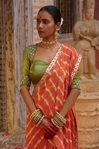 Kesari Saaz – Terracotta Leriya Saree with Olive Green Blouse