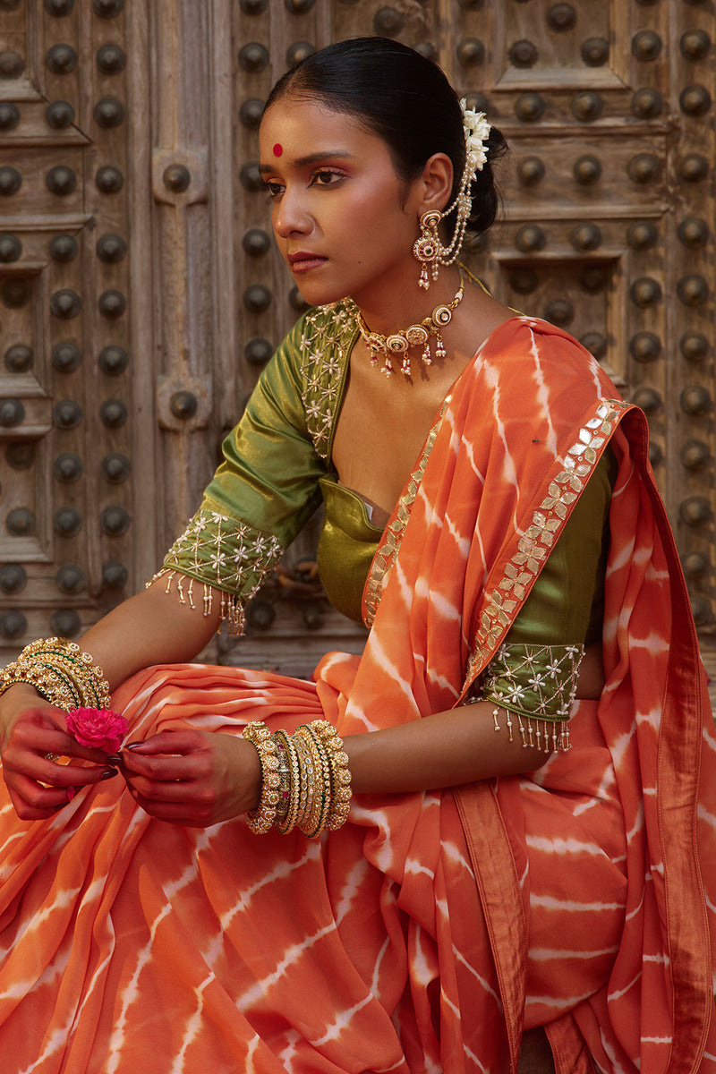 Kesari Saaz – Terracotta Leriya Saree with Olive Green Blouse