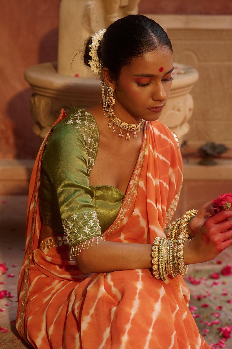 Kesari Saaz – Terracotta Leriya Saree with Olive Green Blouse
