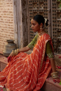 Kesari Saaz – Terracotta Leriya Saree with Olive Green Blouse