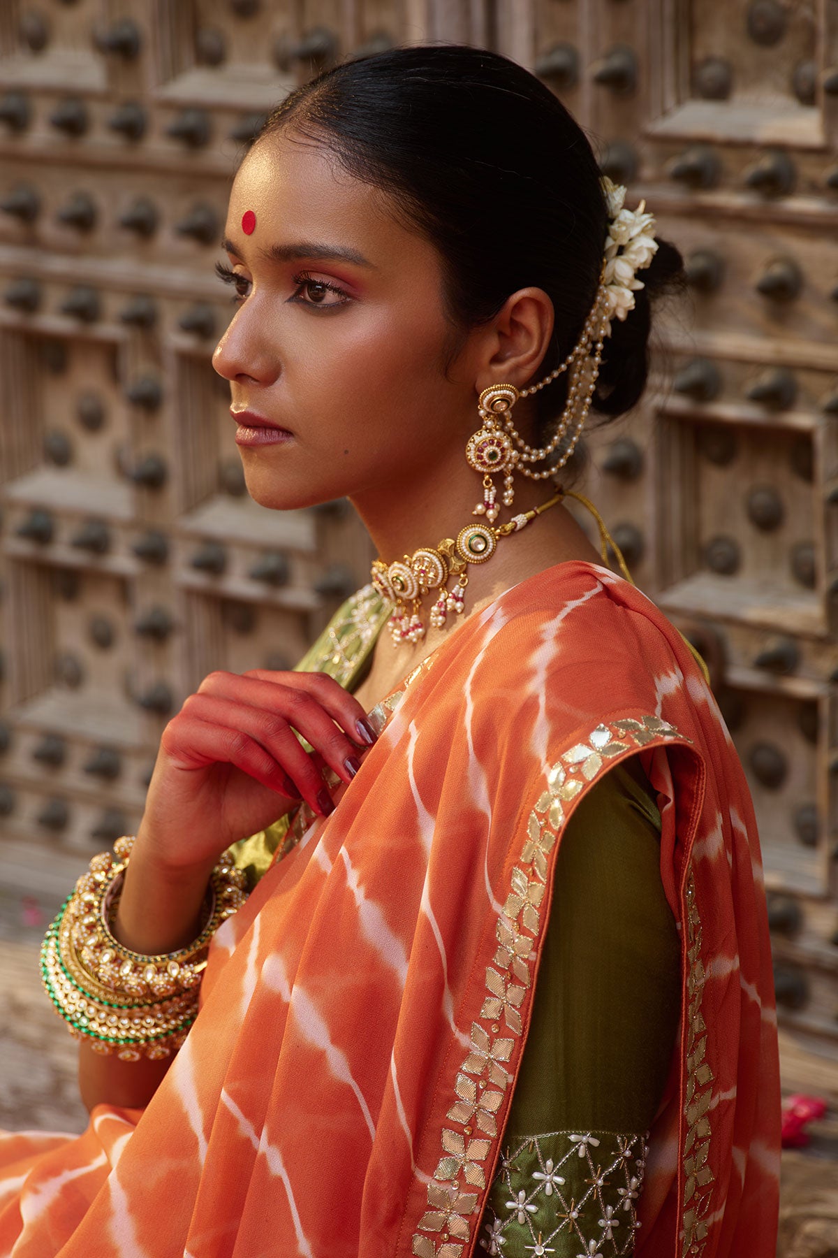 Kesari Saaz – Terracotta Leriya Saree with Olive Green Blouse