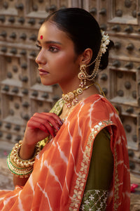 Kesari Saaz – Terracotta Leriya Saree with Olive Green Blouse