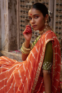 Kesari Saaz – Terracotta Leriya Saree with Olive Green Blouse