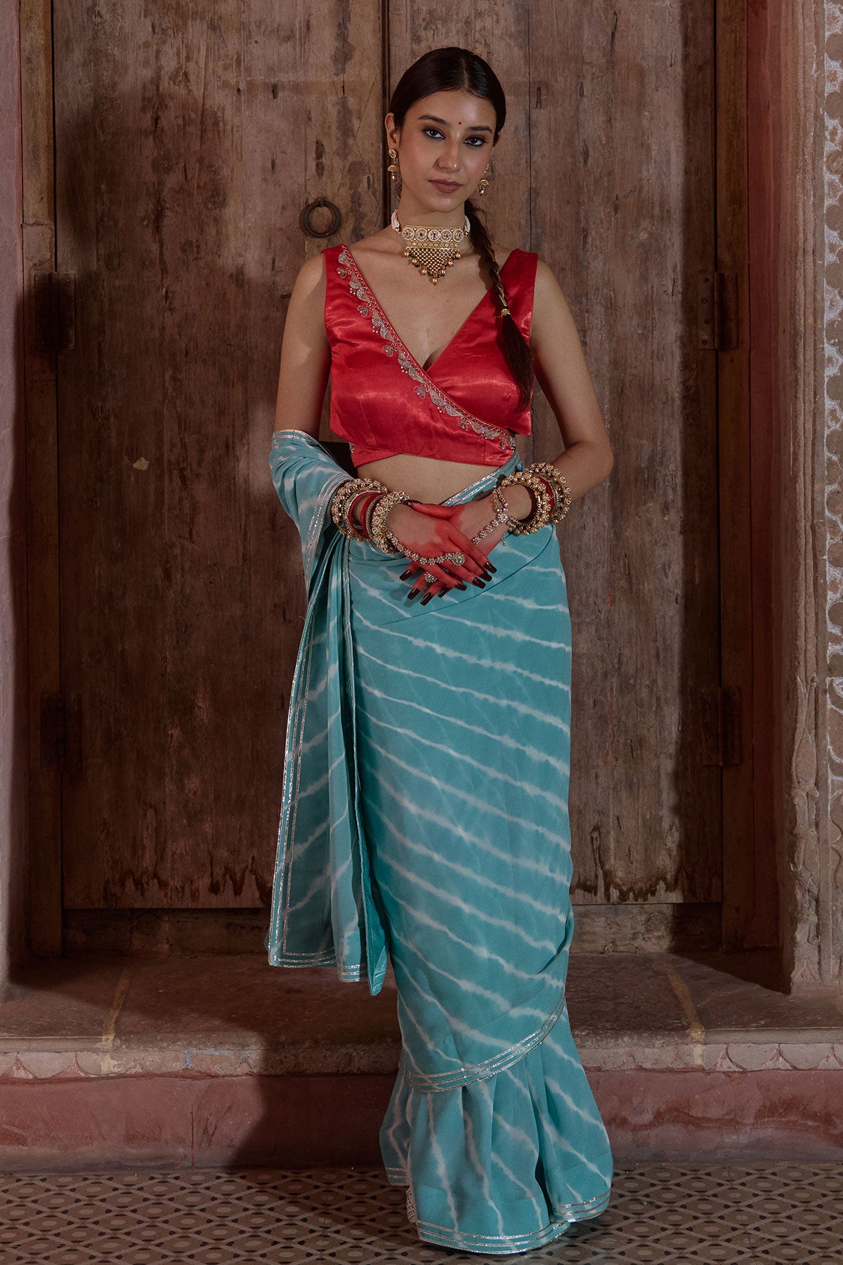 Megh Gulab – Sky Blue Leheriya Saree with Red Wrap Blouse