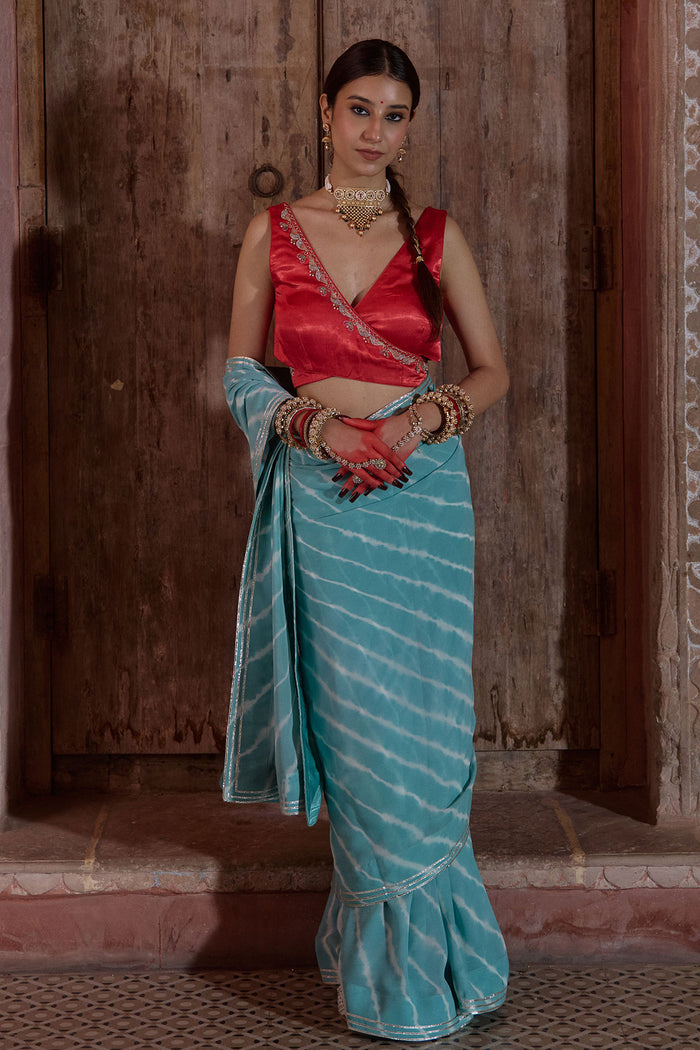 Megh Gulab – Sky Blue Leheriya Saree with Red Wrap Blouse