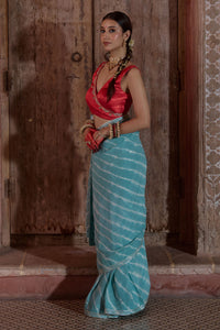 Megh Gulab – Sky Blue Leheriya Saree with Red Wrap Blouse