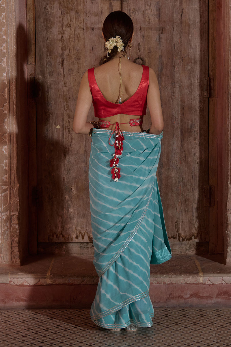 Megh Gulab – Sky Blue Leheriya Saree with Red Wrap Blouse