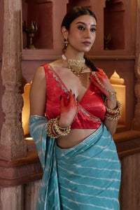 Megh Gulab – Sky Blue Leheriya Saree with Red Wrap Blouse