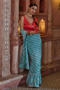 Megh Gulab – Sky Blue Leheriya Saree with Red Wrap Blouse