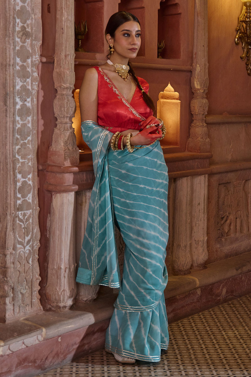 Megh Gulab – Sky Blue Leheriya Saree with Red Wrap Blouse