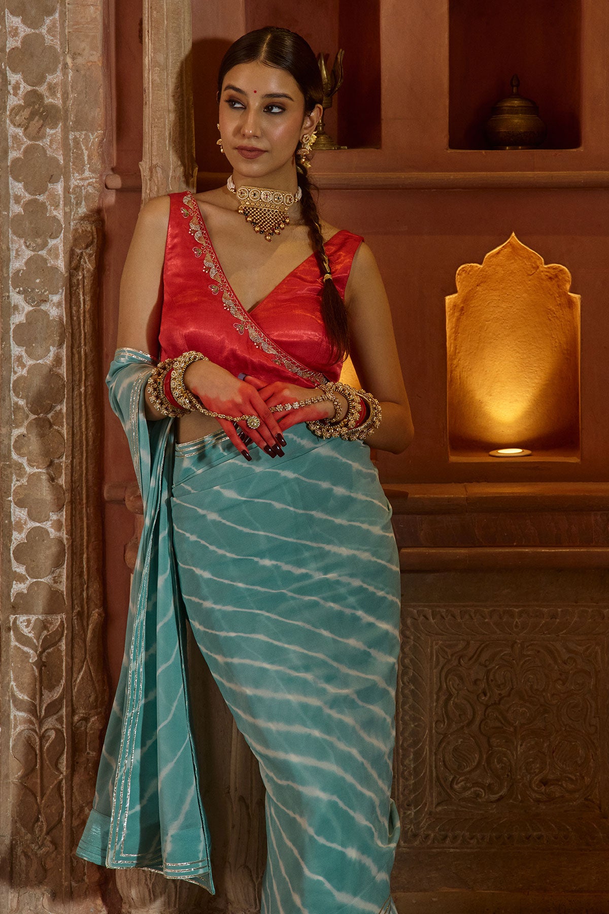 Megh Gulab – Sky Blue Leheriya Saree with Red Wrap Blouse