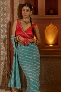 Megh Gulab – Sky Blue Leheriya Saree with Red Wrap Blouse