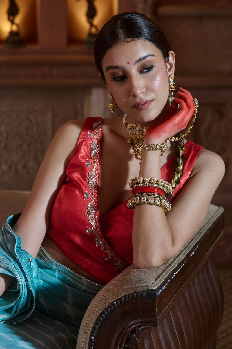 Megh Gulab – Sky Blue Leheriya Saree with Red Wrap Blouse