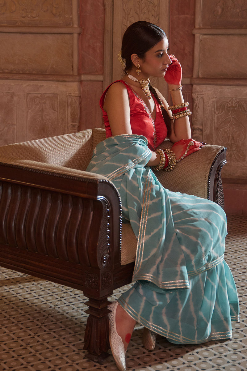 Megh Gulab – Sky Blue Leheriya Saree with Red Wrap Blouse