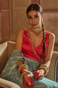 Megh Gulab – Sky Blue Leheriya Saree with Red Wrap Blouse