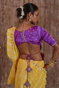 Roopmahal – Ray Yellow Leheriya Saree with Purple Maharani Gala Backless Blouse