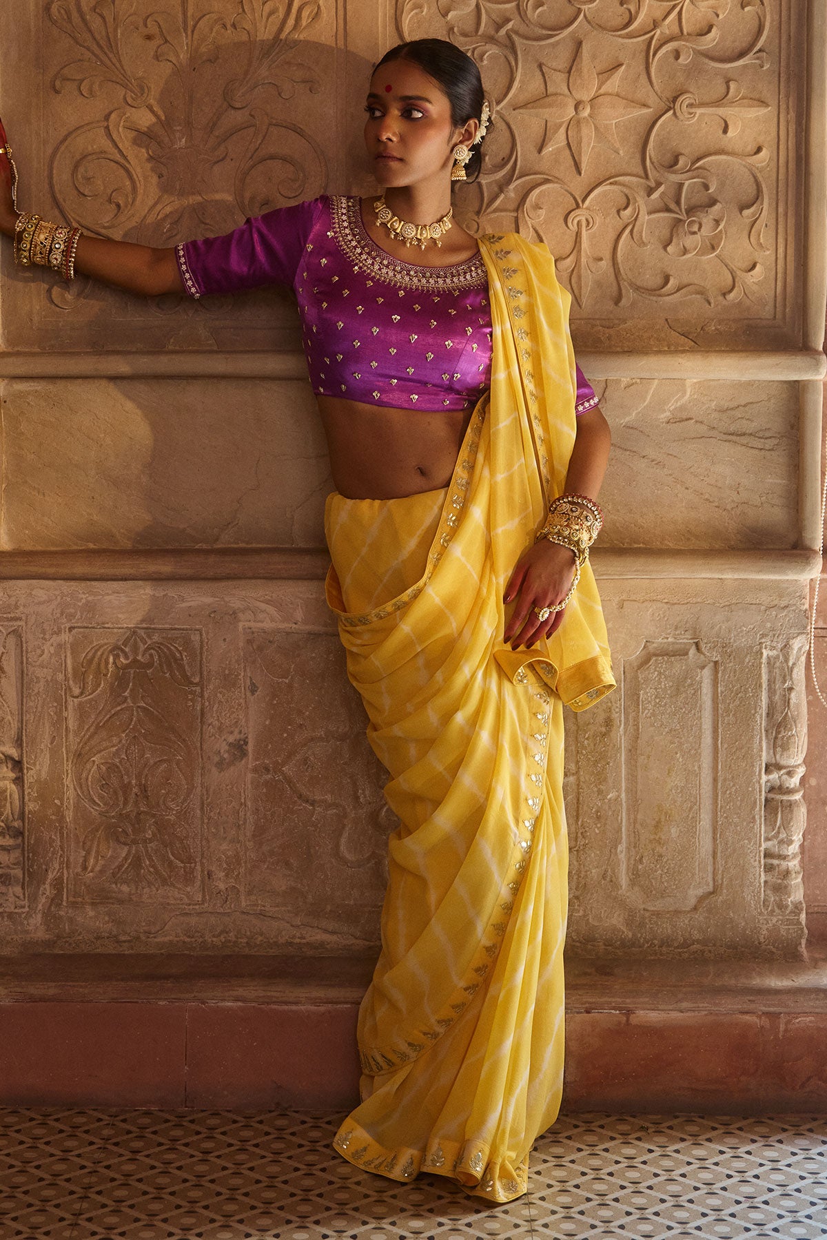 Roopmahal – Ray Yellow Leheriya Saree with Purple Maharani Gala Backless Blouse