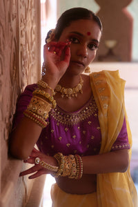 Roopmahal – Ray Yellow Leheriya Saree with Purple Maharani Gala Backless Blouse