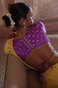 Roopmahal – Ray Yellow Leheriya Saree with Purple Maharani Gala Backless Blouse