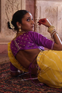 Roopmahal – Ray Yellow Leheriya Saree with Purple Maharani Gala Backless Blouse