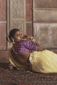 Roopmahal – Ray Yellow Leheriya Saree with Purple Maharani Gala Backless Blouse