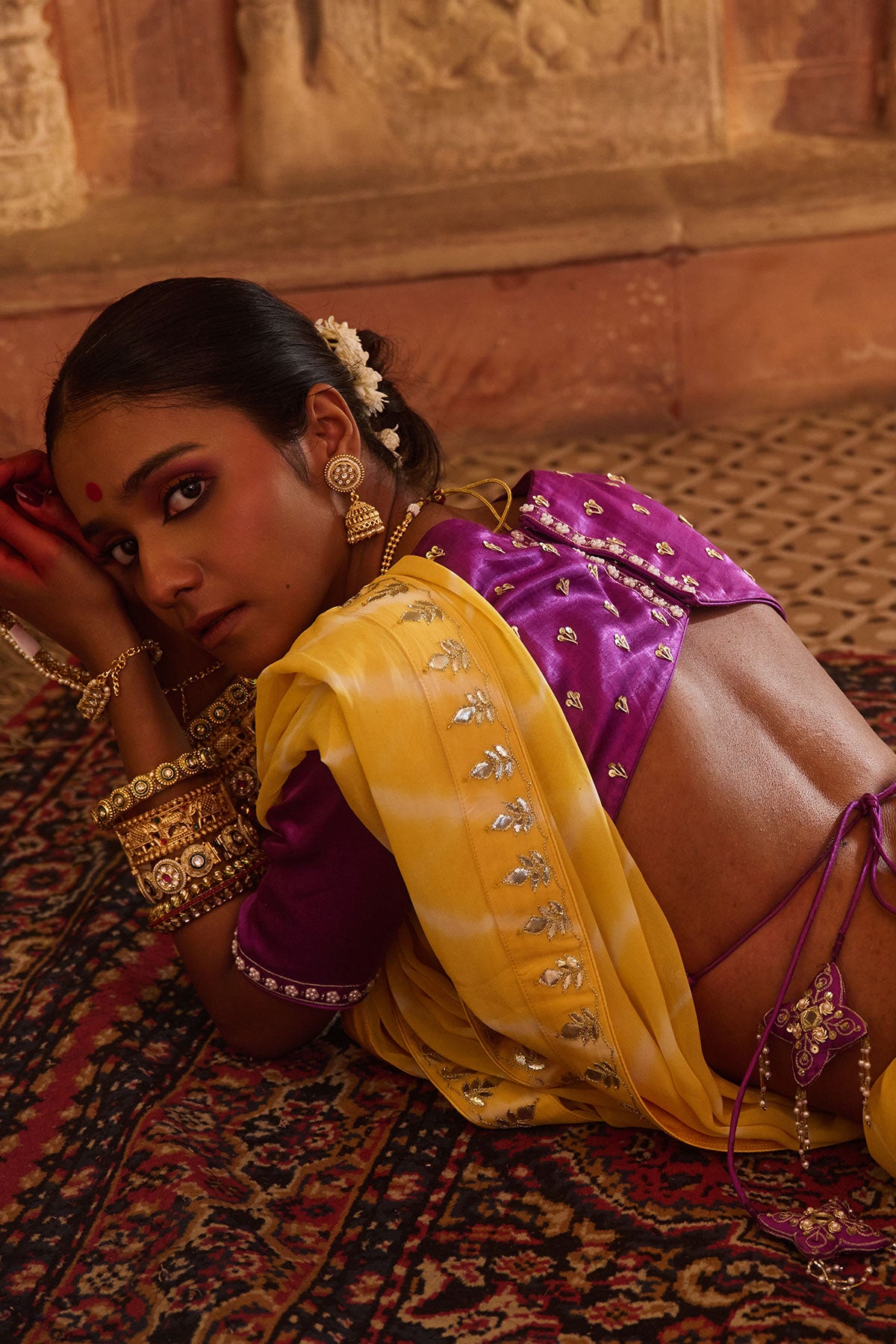 Roopmahal – Ray Yellow Leheriya Saree with Purple Maharani Gala Backless Blouse
