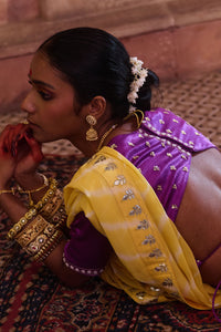 Roopmahal – Ray Yellow Leheriya Saree with Purple Maharani Gala Backless Blouse