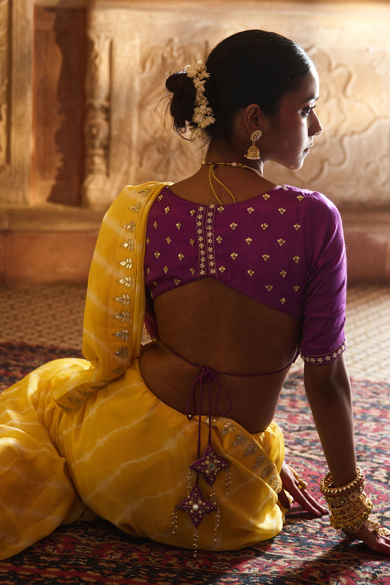 Roopmahal – Ray Yellow Leheriya Saree with Purple Maharani Gala Backless Blouse