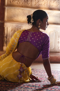 Roopmahal – Ray Yellow Leheriya Saree with Purple Maharani Gala Backless Blouse