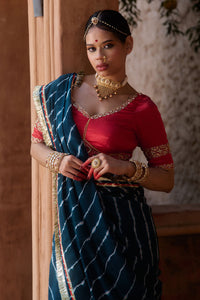 Utsavi – Bottle Green Leheriya Saree with Crimson Red Blouse