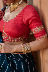 Utsavi – Bottle Green Leheriya Saree with Crimson Red Blouse