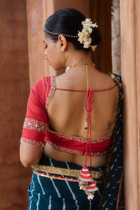 Utsavi – Bottle Green Leheriya Saree with Crimson Red Blouse