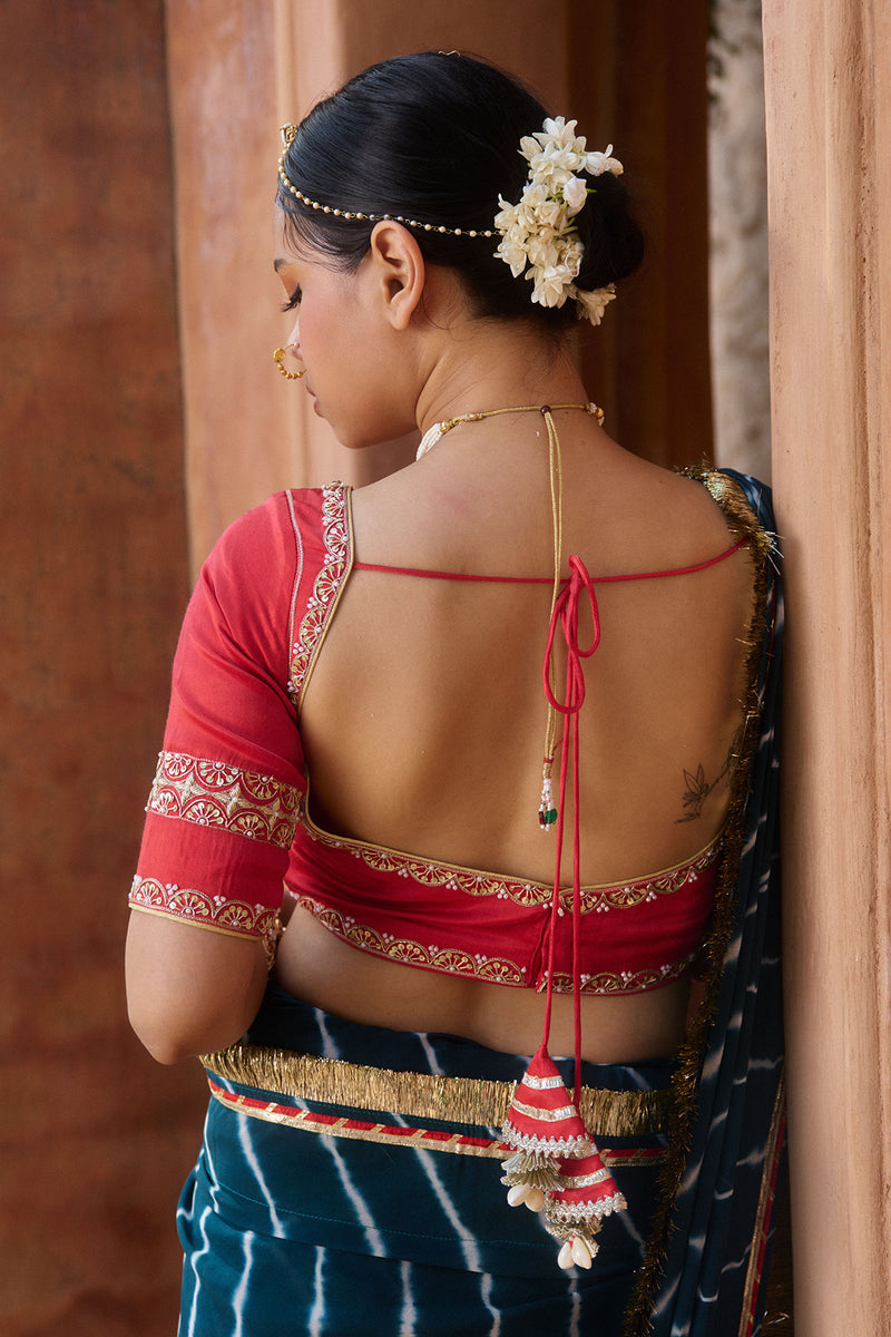 Utsavi – Bottle Green Leheriya Saree with Crimson Red Blouse