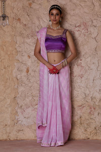 Ratnika – Lavender Pink Lehriya Saree with Bright Purple Sleeveless Blouse