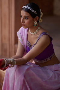 Ratnika – Lavender Pink Lehriya Saree with Bright Purple Sleeveless Blouse