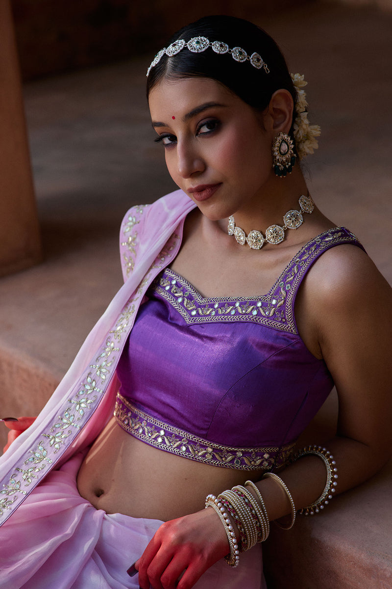 Ratnika – Lavender Pink Lehriya Saree with Bright Purple Sleeveless Blouse