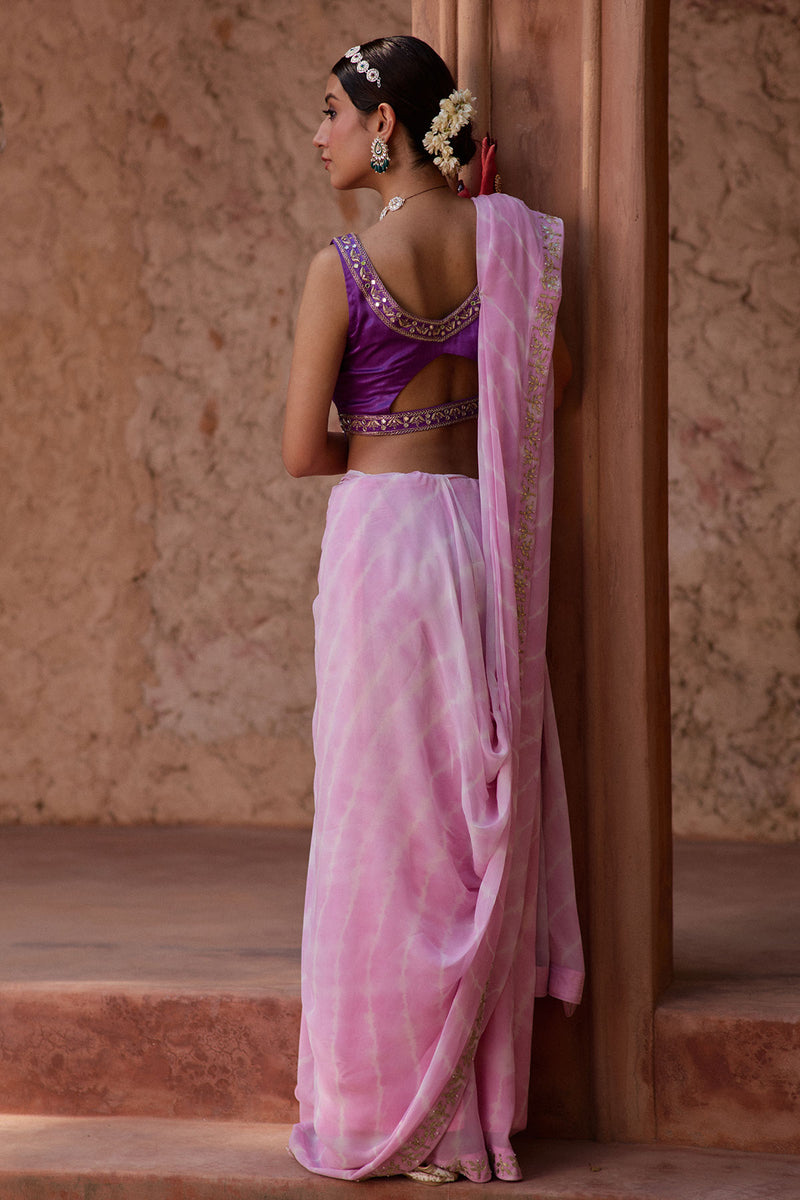Ratnika – Lavender Pink Lehriya Saree with Bright Purple Sleeveless Blouse