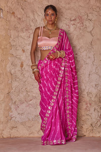 Raj Nikhar – Beetroot Purple Leheriya Saree with Light Peach Double Strap Blouse