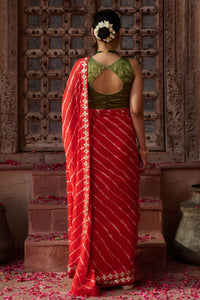 Rajbala – Red Leheriya Saree with Olive Green Blouse