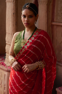 Rajbala – Red Leheriya Saree with Olive Green Blouse