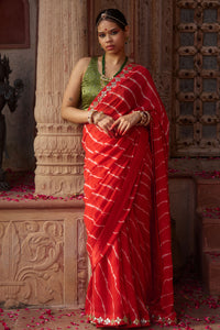 Rajbala – Red Leheriya Saree with Olive Green Blouse