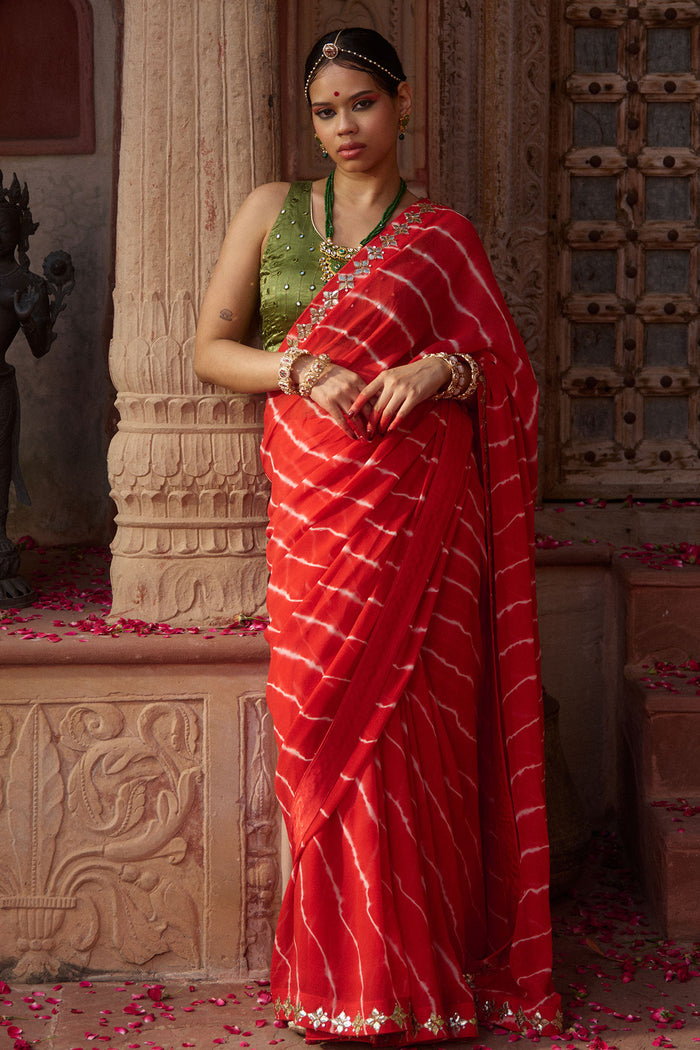 Rajbala – Red Leheriya Saree with Olive Green Blouse