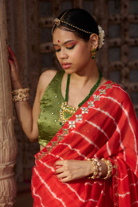 Rajbala – Red Leheriya Saree with Olive Green Blouse