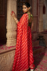 Rajbala – Red Leheriya Saree with Olive Green Blouse