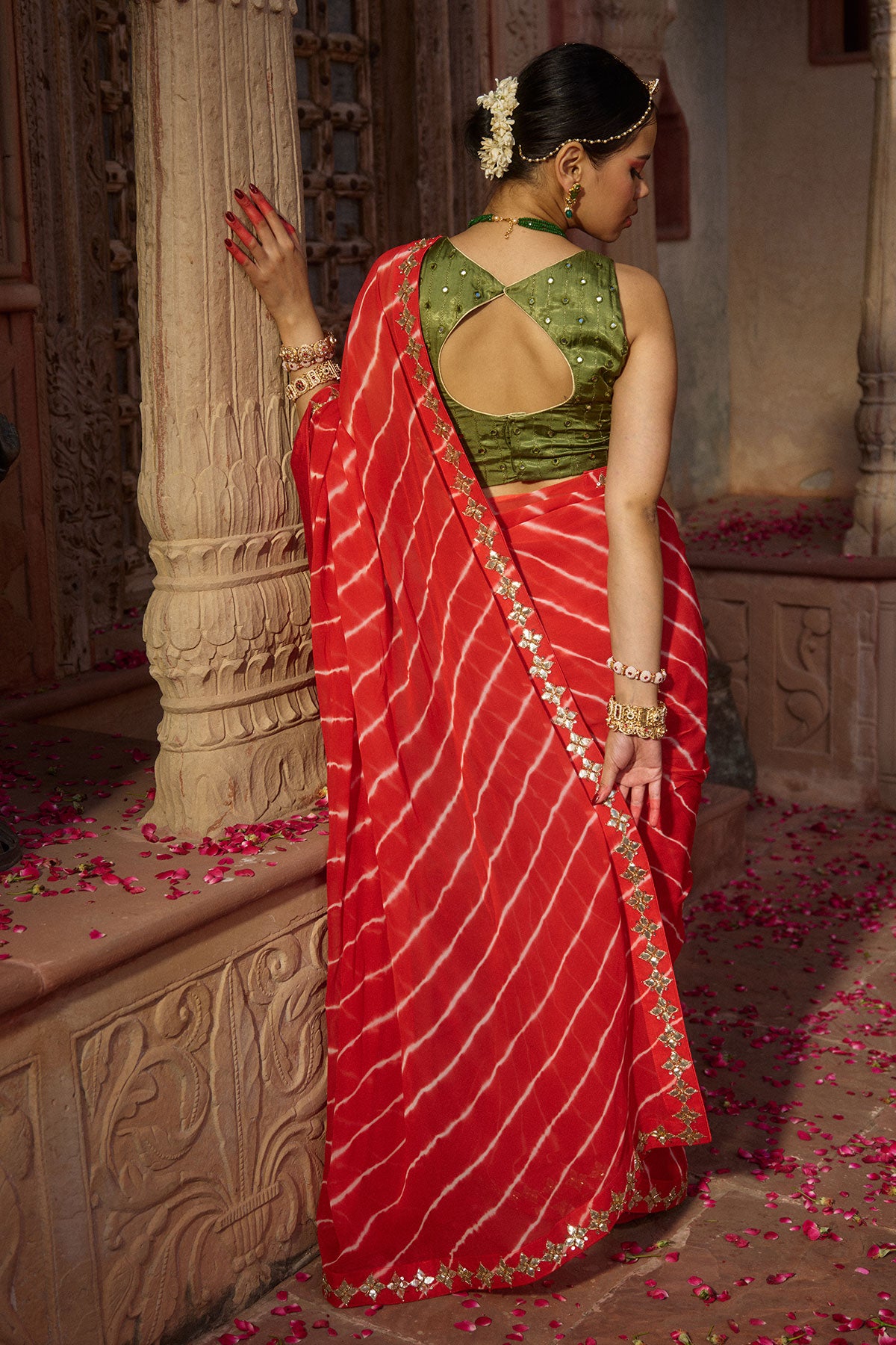 Rajbala – Red Leheriya Saree with Olive Green Blouse