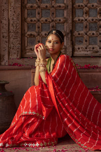 Rajbala – Red Leheriya Saree with Olive Green Blouse