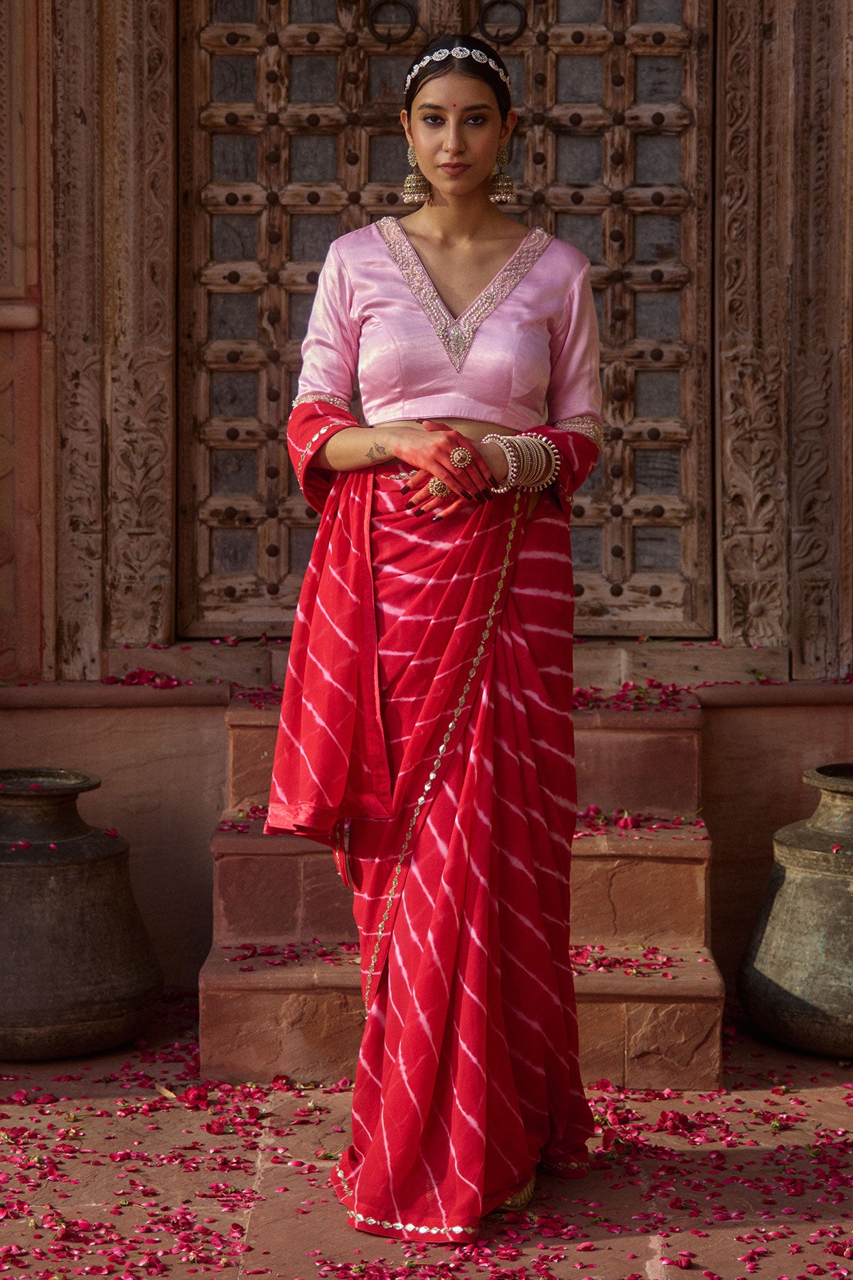 Rajratna – Red Leheriya Saree with Pastel Pink Blouse