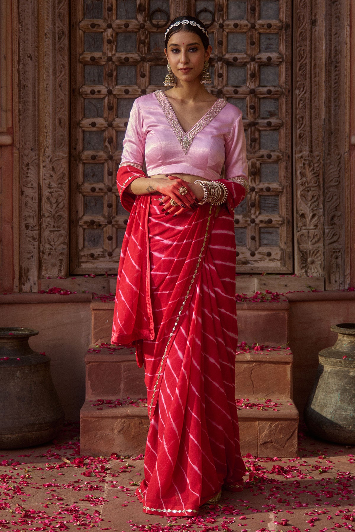 Rajratna – Red Leheriya Saree with Pastel Pink Blouse