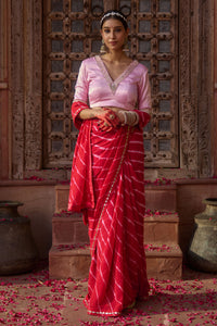 Rajratna – Red Leheriya Saree with Pastel Pink Blouse